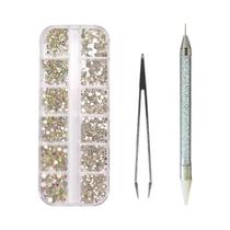 Conjunto de Strass para Unhas com 12 Grades - Cristais AB e Gemas Transparentes