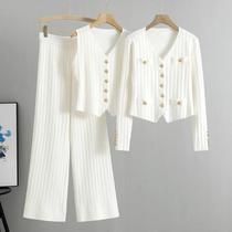 Conjunto De Suéter Cardigã Listrado Feminino De Manga Longa 3 Peças Com Calças De Perna Larga - others