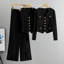 Conjunto De Suéter Cardigã Listrado Feminino De Manga Longa 3 Peças Com Calças De Perna Larga