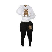 Conjunto De Suéter Com Capuz E Calças De Lã Com Estampa De Urso Para Mulheres plus Size Outono