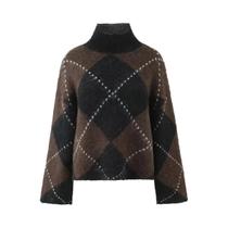 Conjunto De Suéter De Tricô Xadrez Vintage Com Gola Alta E Manga Longa E Saia Mini Justa KONDALA