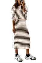 Conjunto de Suéter e Saia Midi Feminina PRETTYGARDEN - Listrado e Damascado