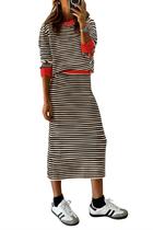 Conjunto de Suéter e Saia Midi Listrada Bege PRETTYGARDEN - Moda Feminina