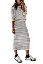 Conjunto de Suéter e Saia Midi Listrada PRETTYGARDEN - Cinza
