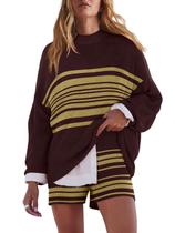 Conjunto de suéter feminino LAMISSCHE, tamanho grande, listrado, marrom, tamanho L