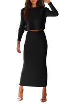 Conjunto de Suéter Feminino PRETTYGARDEN Top Cropped e Saia em Tricô Canelado XL Preto Conjunto de Suéter Feminino PRETTYGARDEN Top Cropped e Saia em Tricô Canelado XL Preto