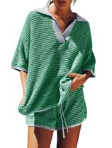 Conjunto de suéter feminino Tankaneo, 2 peças, manga 3/4, decote em V Conjunto de suéter feminino Tankaneo, 2 peças, manga 3/4, decote em V