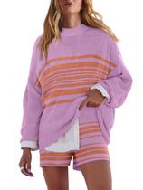 Conjunto de suéteres LAMISSCHE listrado de grandes dimensões para mulheres roxo XL
