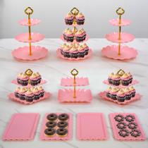 Conjunto de Suporte para Bolo NWK 10 Peças Rosa com Bandejas para Cupcake de 2 e 3 Níveis