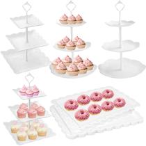 Conjunto de suportes para bolos em plástico branco, 10 peças, 3 camadas