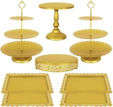 Conjunto de Suportes para Sobremesa Fivenl 8 Peças Dourado em Metal 3 Andares Conjunto de Suportes para Sobremesa Fivenl 8 Peças Dourado em Metal 3 Andares