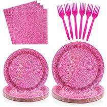 Conjunto de suprimentos de festa Grencian Hot Pink Glitter 96 unidades para 24 Conjunto de suprimentos de festa Grencian Hot Pink Glitter 96 unidades para 24