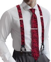 Conjunto de suspensórios Barry.Wang Masculino Preto Vermelho Paisley Silk