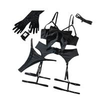 Conjunto de sutiã aberto com laço de seda com luvas e tangas Lingerie íntima sensual sexy da