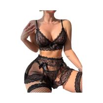 Conjunto De Sutiã De Renda Transparente Com Calcinhas De Malha, Lingerie Sexy Com Cinta E Meias Para Conjunto De Sutiã De Renda Transparente Com Calcinhas De Malha, Lingerie Sexy Com Cinta E Meias Para