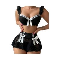 Conjunto De Sutiã De Renda Transparente Preto Com Saia Mini Para Mulheres Lingerie Sexy Romântica