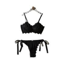 Conjunto De Sutiã E Calcinha Em Renda Preta Com Laço Borboleta, Lingerie Francesa Sexy De Dois Peças Conjunto De Sutiã E Calcinha Em Renda Preta Com Laço Borboleta, Lingerie Francesa Sexy De Dois Peças