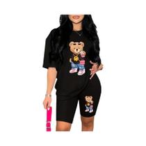 Conjunto De T-shirt Casual De Verão Para Mulheres Com Estampa De Urso Em Cartoon, Manga Curta E