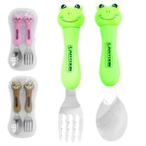 Conjunto de talher infantil com colher + garfo de inox cabo plastico bichinhos no estojo