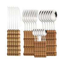 Conjunto De Talheres De Aço Inoxidável Com 24 Peças E Cabo De Bambu Natural Conjunto De Talheres De Aço Inoxidável Com 24 Peças E Cabo De Bambu Natural