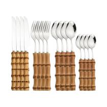 Conjunto De Talheres De Aço Inoxidável Com Cabo De Bambu 16 Peças, Faca, Garfo, Colher, Utensílios Conjunto De Talheres De Aço Inoxidável Com Cabo De Bambu 16 Peças, Faca, Garfo, Colher, Utensílios