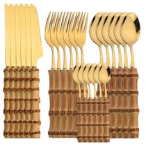 Conjunto De Talheres De Aço Inoxidável Com Cabo De Bambu Natural, 24 Peças