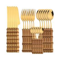 Conjunto De Talheres De Bambu Com 24 Peças, Cabo Natural Em Aço Inoxidável, Utensílios De Jantar,