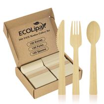 Conjunto de talheres de bambu descartáveis EcoLipak 300 unidades com 100 facas, garfos e colheres