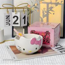 Conjunto De Talheres De Cerâmica Kawaii Hellokitty Tigela De Arroz Com Colher Dormitório De Desenho