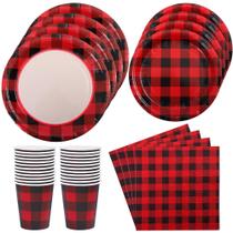 Conjunto de talheres de festa Aneco Red/Black Buffalo Plaid 122 unidades