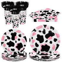 Conjunto de talheres de festa Durony Pink Cow Print 144 peças Conjunto de talheres de festa Durony Pink Cow Print 144 peças
