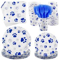 Conjunto de talheres de festa Kochorie Blue Paw Print 144 peças Conjunto de talheres de festa Kochorie Blue Paw Print 144 peças