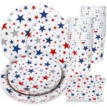 Conjunto de talheres de festa Whaline Patriotic 96 unidades para 24 convidados Conjunto de talheres de festa Whaline Patriotic 96 unidades para 24 convidados