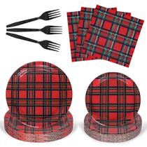 Conjunto de talheres de papel xadrez de Natal Whaline 96 unidades vermelho Conjunto de talheres de papel xadrez de Natal Whaline 96 unidades vermelho