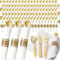 Conjunto de talheres de plástico dourado Joyido 200 convidados com guardanapos Conjunto de talheres de plástico dourado Joyido 200 convidados com guardanapos
