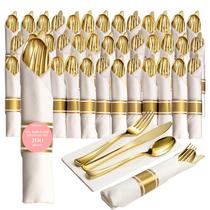 Conjunto de talheres de plástico dourado pré-laminado Prestee 200 unidades Conjunto de talheres de plástico dourado pré-laminado Prestee 200 unidades