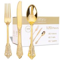 Conjunto de talheres de plástico dourado WDF 120PCS - 40 garfos, 40 colheres, 40 facas