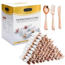 Conjunto de talheres de plástico ISFANGCO Rose Gold, pacote com 50 guardanapos Conjunto de talheres de plástico ISFANGCO Rose Gold, pacote com 50 guardanapos
