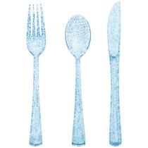 Conjunto de talheres de plástico Joy Akkess Blue Glitter, pacote com 150