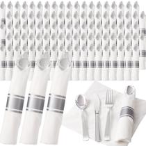 Conjunto de talheres de plástico prateado para 200 convidados com guardanapos Joyido Conjunto de talheres de plástico prateado para 200 convidados com guardanapos Joyido
