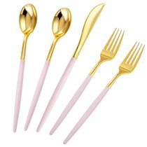 Conjunto de talheres de plástico Rubtlamp 90 unidades douradas com alça rosa