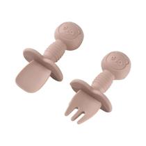 Conjunto de Talheres de Silicone para Bebês - Garfo e Colher com Cabo de Madeira