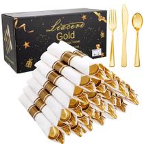 Conjunto de talheres descartáveis de plástico dourado Liacere, pacote com 100 unidades com guardanapo Conjunto de talheres descartáveis de plástico dourado Liacere, pacote com 100 unidades com guardanapo