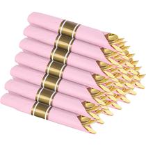 Conjunto de talheres descartáveis Supernal Gold com guardanapo rosa x30