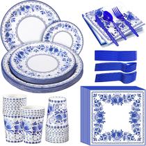 Conjunto de talheres descartáveis Yaomiao Blue White Floral 175 unidades Conjunto de talheres descartáveis Yaomiao Blue White Floral 175 unidades