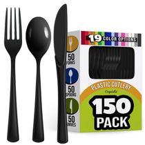 Conjunto de talheres Exquisite, pacote com 150 utensílios de plástico preto Conjunto de talheres Exquisite, pacote com 150 utensílios de plástico preto