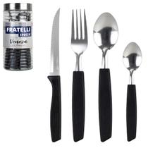 Conjunto De Talheres / Faqueiro De Inox Com 24 Peças Cabo Plástico Preto + Pote De Vidro Redondo Veneza