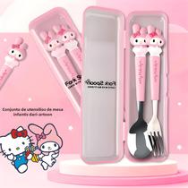 Conjunto de Talheres Infantis Hello Kitty, Melody, Kuromi e Cinnamoroll com Alça de Silicone