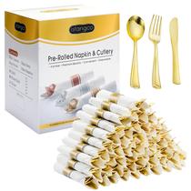 Conjunto de talheres ISFANGCO, plástico dourado pré-laminado, pacote com 50 Conjunto de talheres ISFANGCO, plástico dourado pré-laminado, pacote com 50