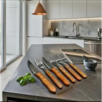 Conjunto de Talheres Jumbo para Churrasco 6 Peças Aço Inox e Cabo de Madeira Natural Linha Profissional Resistente Conjunto de Talheres Jumbo para Churrasco 6 Peças Aço Inox e Cabo de Madeira Natural Linha Profissional Resistente